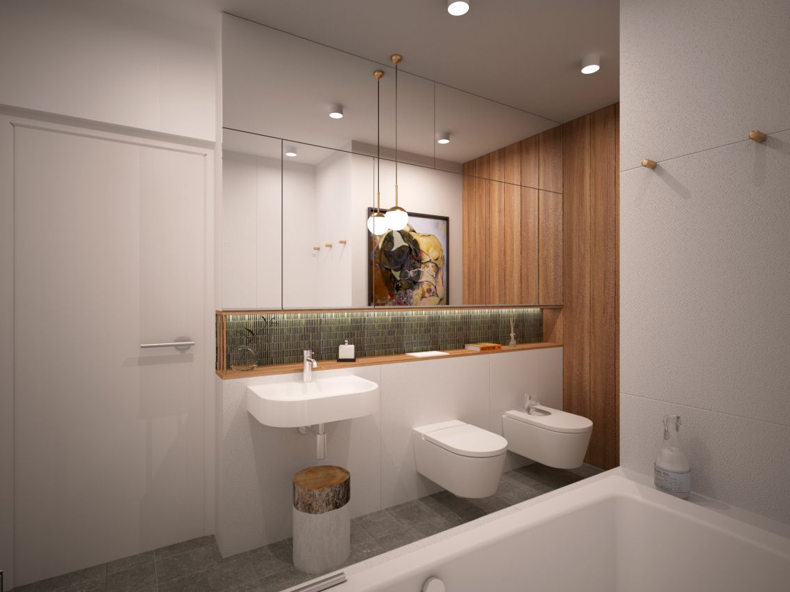 Naturalne materiały, zielona mozaika i odcienie szarości równoważą białe tafle koloru.